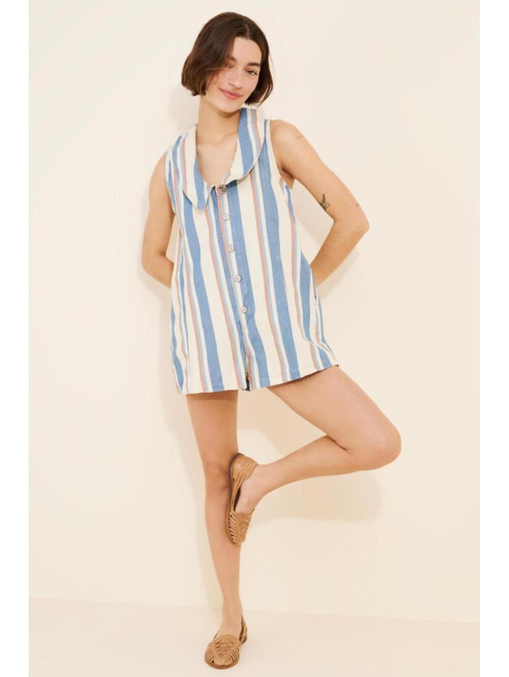 Free People We The Free Dover Denim Playsuit oversized collar Sz M #1370